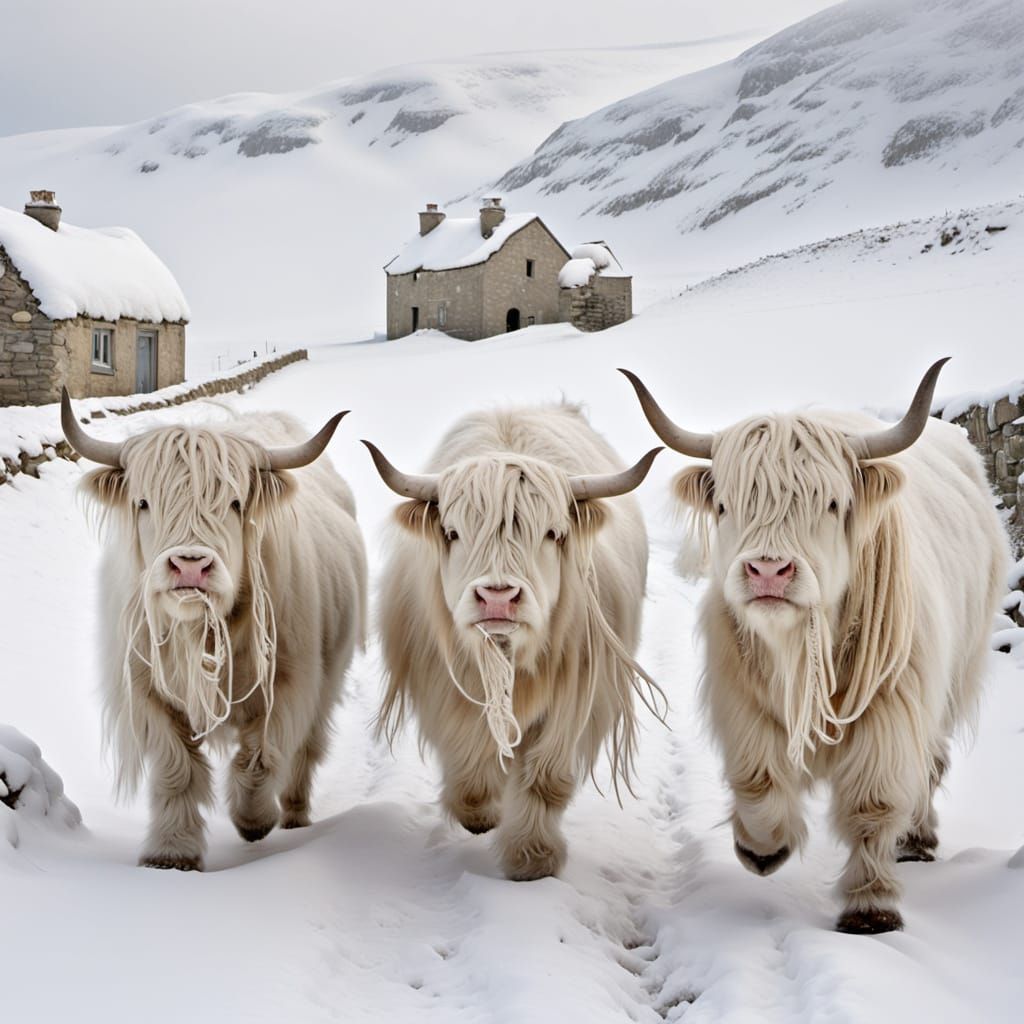Albino Highland Cows With Dreadlocks in Winter