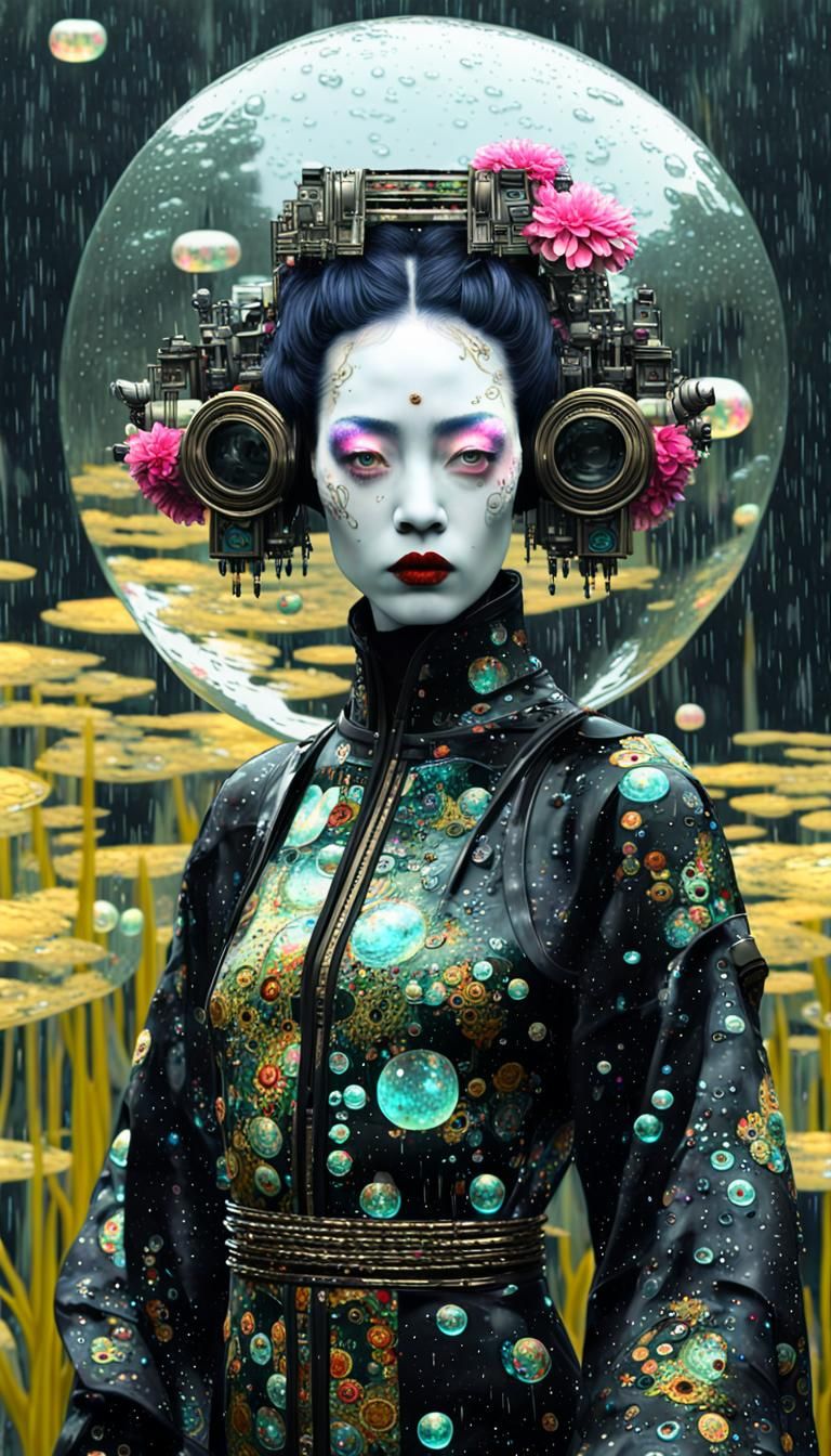 Dark sci-fi, coloured flowery swamp, alien planet, , tattooed albino geisha, robotic industrial elements, adorned in Gus...