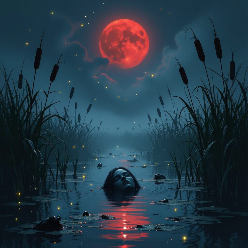 Mystical Midnight Swamp Scene in Dark Surrealist Style