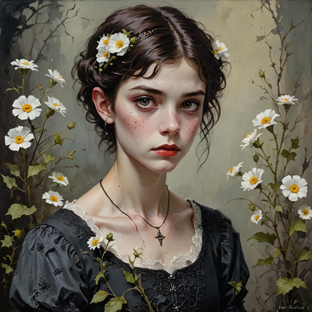 Gothic Vampire Girl with Flowers, Oil Painting