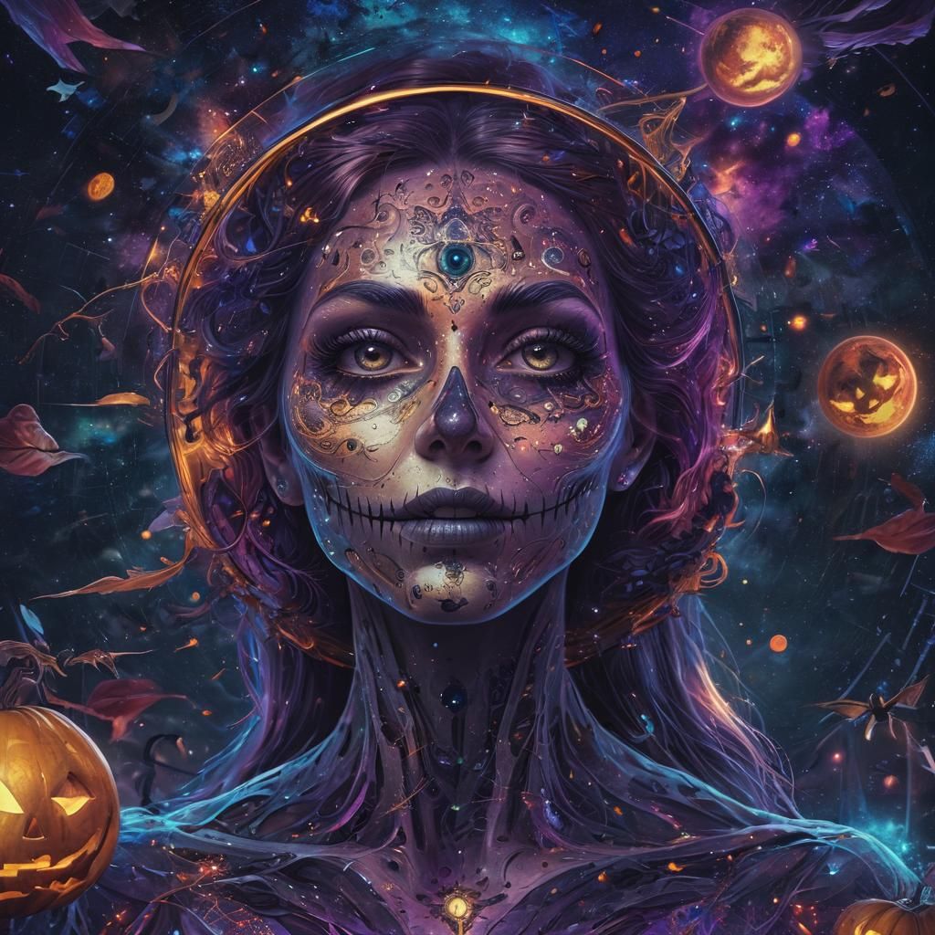 Astral Cosmic Halloween Illustration in Holographic Style