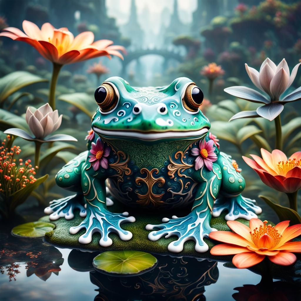 Porcelain Frog with Floral Ornaments in Ethereal Mist
