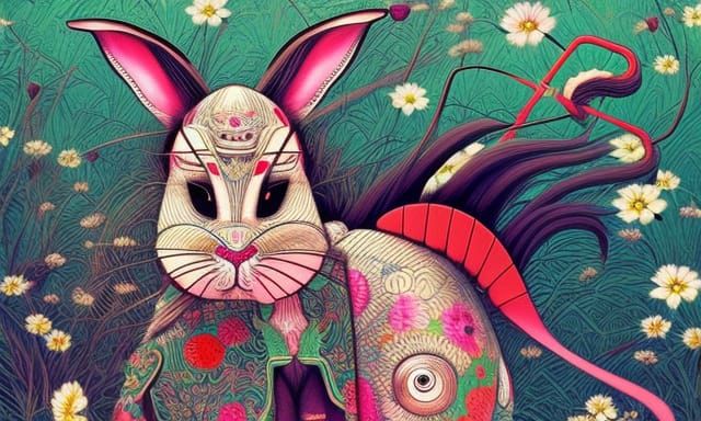 Samurai Rabbits with Lace Flowers in Gouache Style