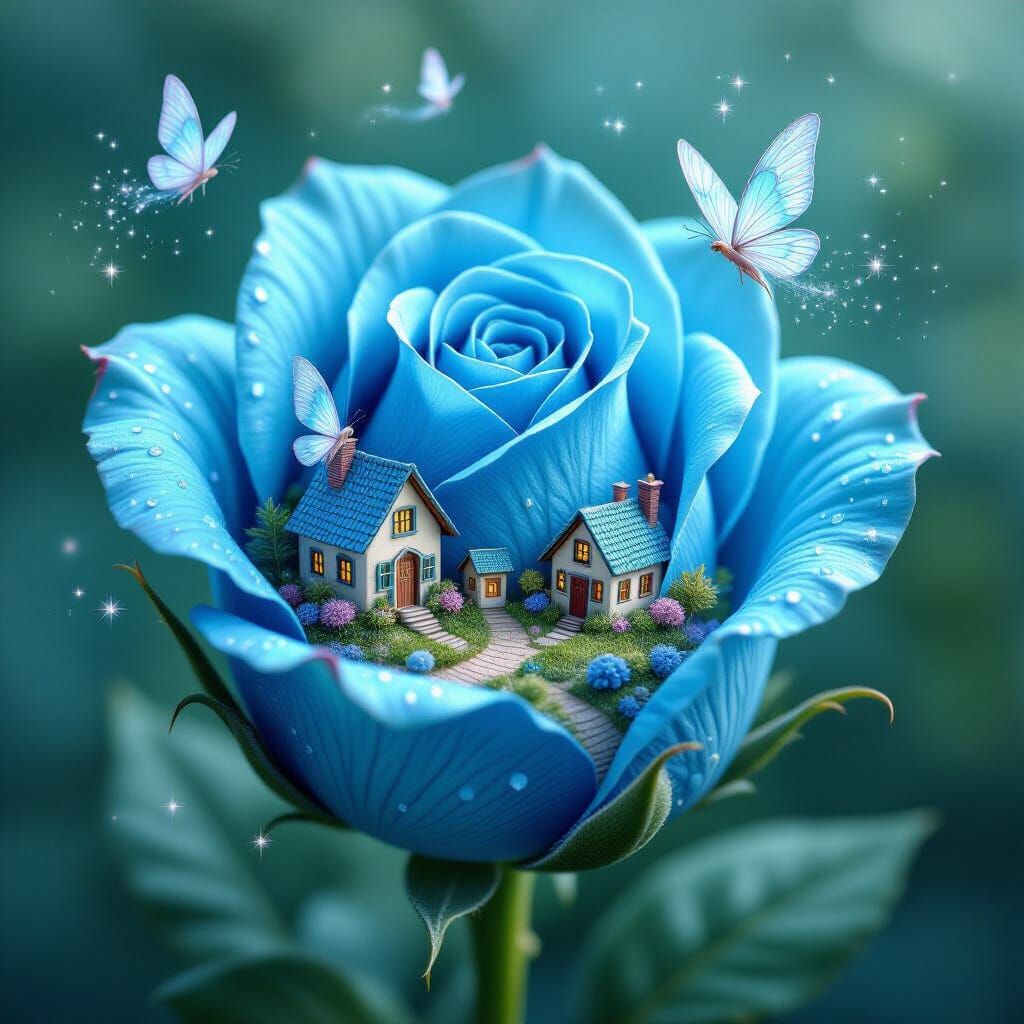 Whimsical Village Inside Giant Blue Rose Bud