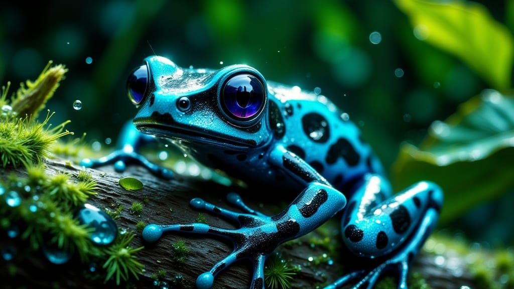 Poison Dart Frog on Mossy Log in Macro Detail