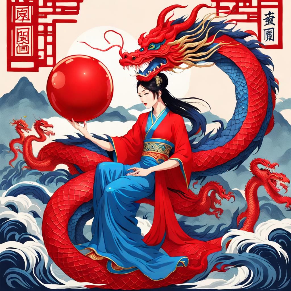 Asian Siren with Dragon and Red Orb