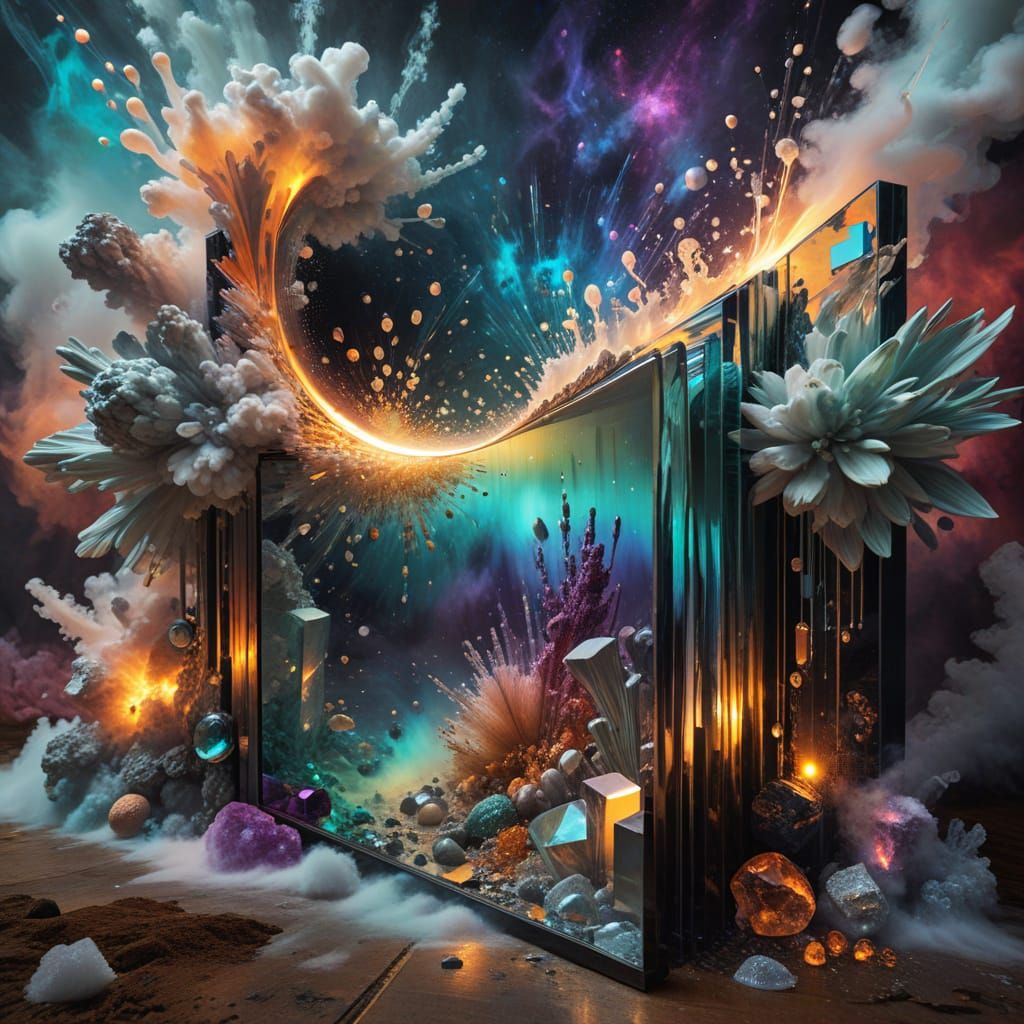 knolling Trompe l'oeil mirrors glass  iridescent fog laser b...