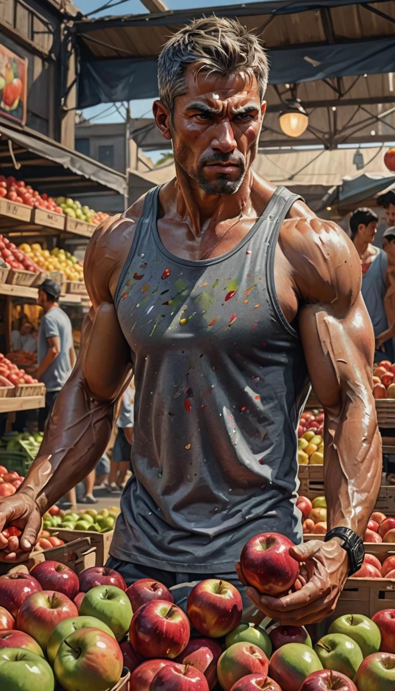 Muscular Man Selling Apples in Hyperrealistic Splash Art