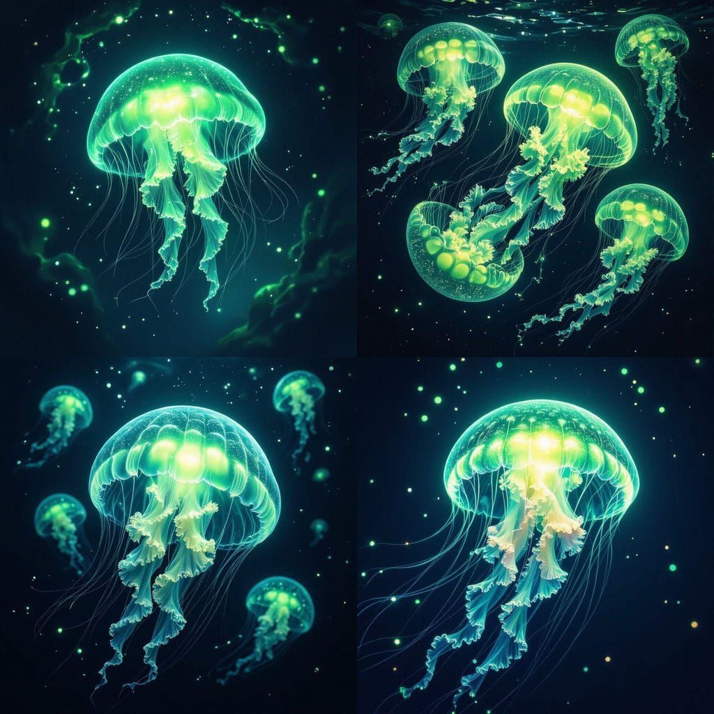 Bioluminescent Green Jellyfish Underwater