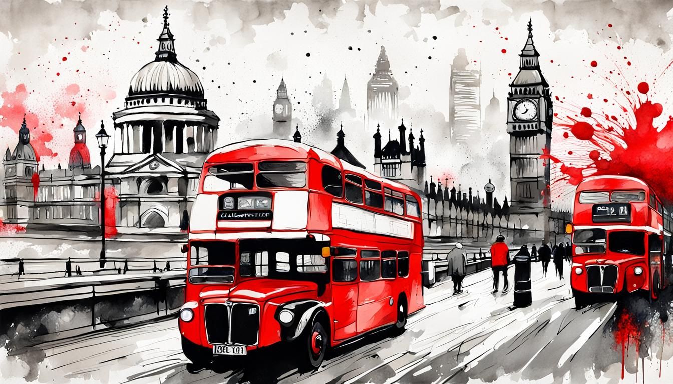 London Skyline in Japanese Ink Wash Style