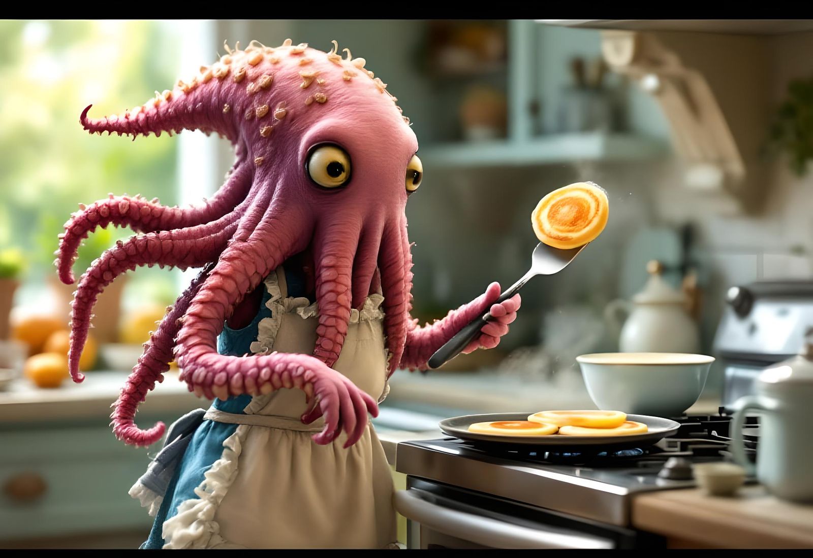 Adorable Tentacle Monster Cooking Pancakes in Cottage Kitche...
