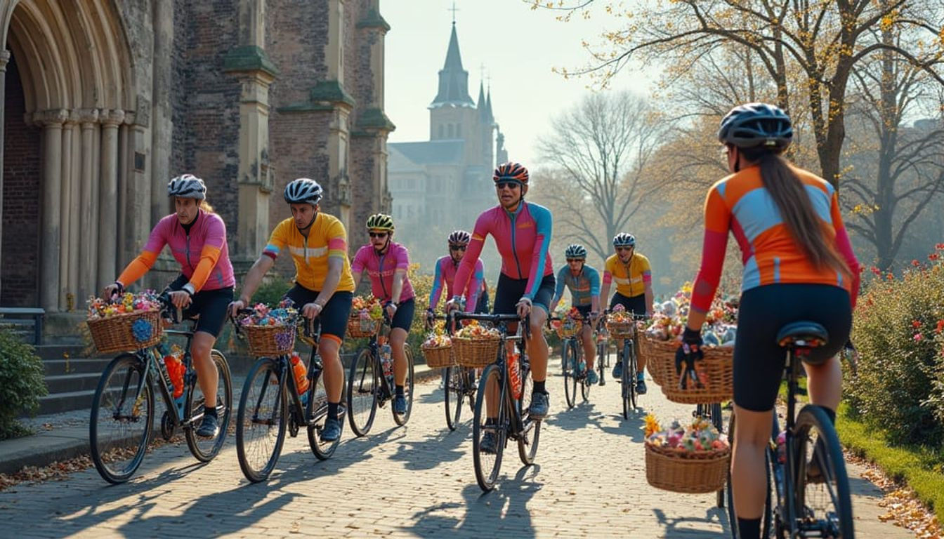 Cyclists Celebrate Easter Near Church in Vibrant Cycling Gea...