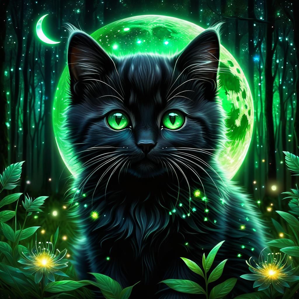 Enchanted Black Kitten with Fireflies, Astral Illustration