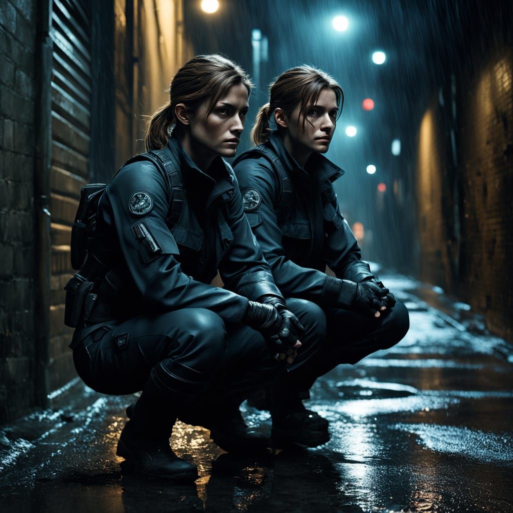 Moody Film Noir-Inspired Operatives in Rainy Alleyway