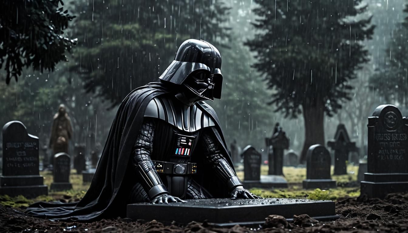 Darth Vader Mourns at Grave in Rain