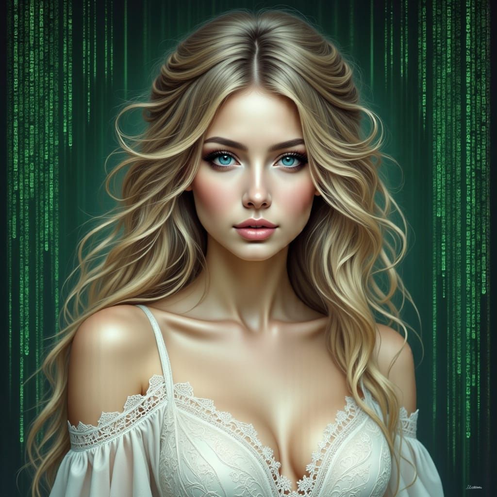 ASCII Art Woman in White Lace Dress