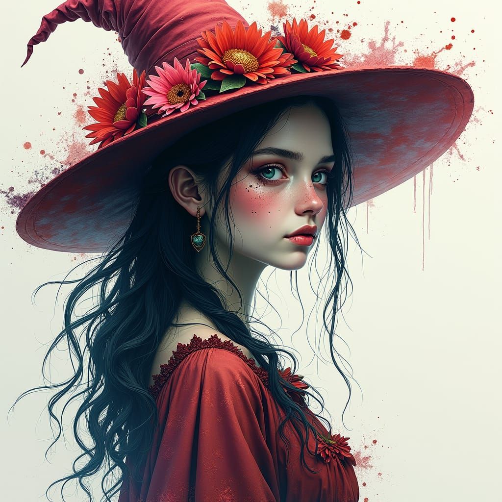 Fair Witch Portrait in Mixed Media Style