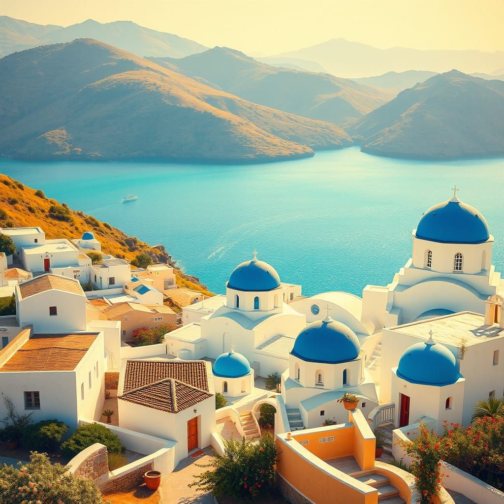 Dreamlike Greek Seaside Village in Vibrant Colors
