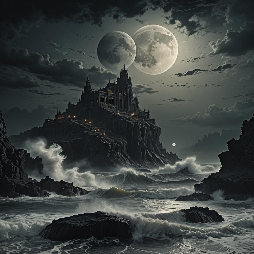 Tempestuous Sea Under Black Moon: Dark Fantasy Art