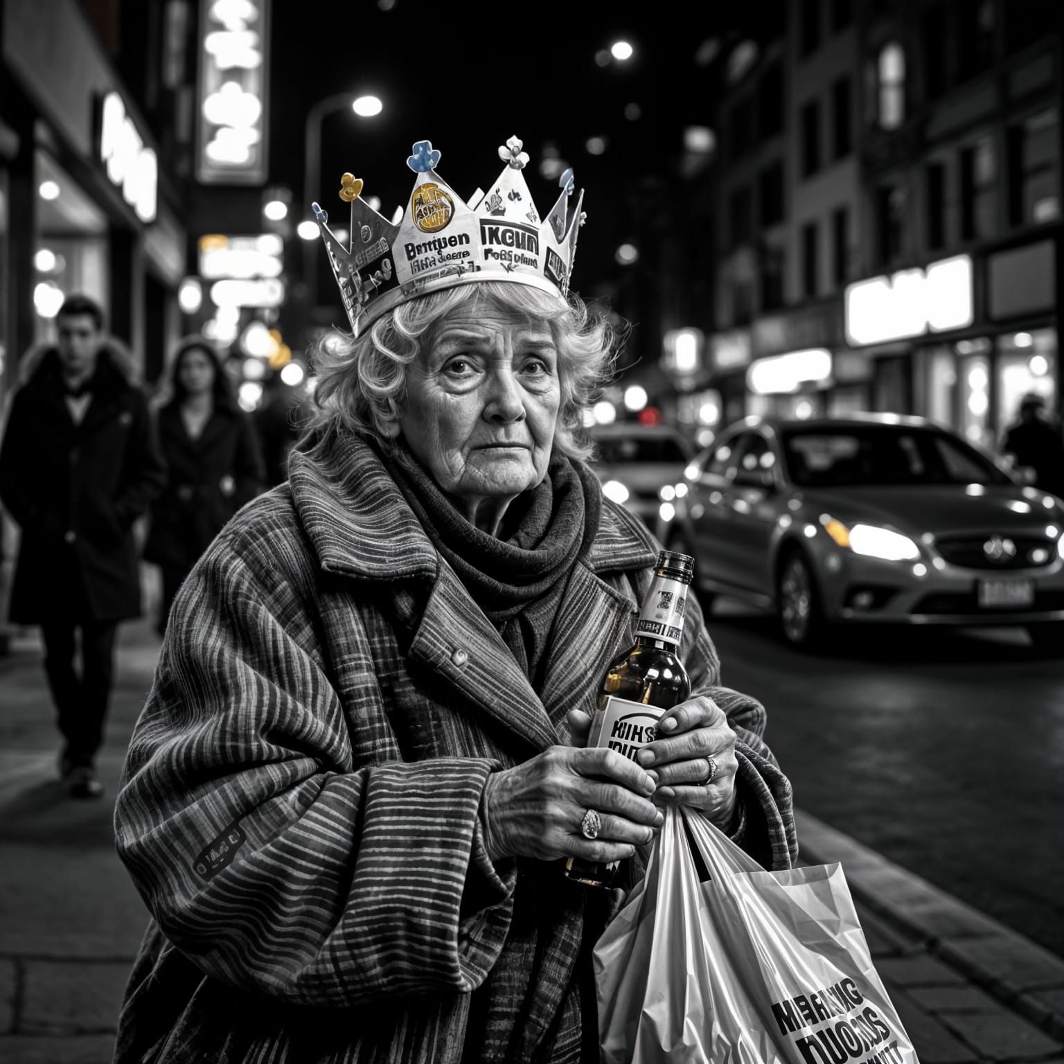 Monochrome Photo of Bag Lady with Burger King Crown