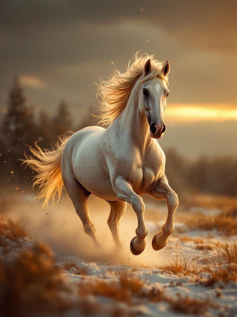 Horse Galloping Through Fiery Winter Landscape
