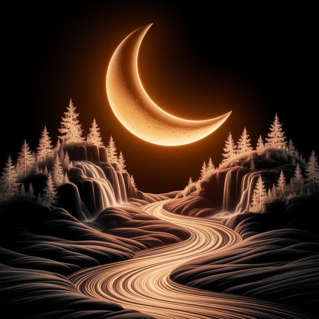 Glowing Crescent Moon Rises Above Lush Forests and Serene Wa...