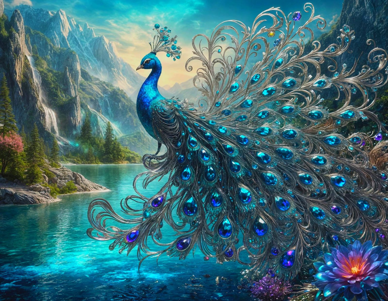 Dazzling Peacock with Crystal Feathers and Ribbons