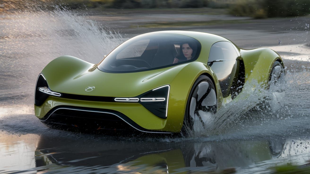 Futuristic Green Concept Car Speeding Through Water