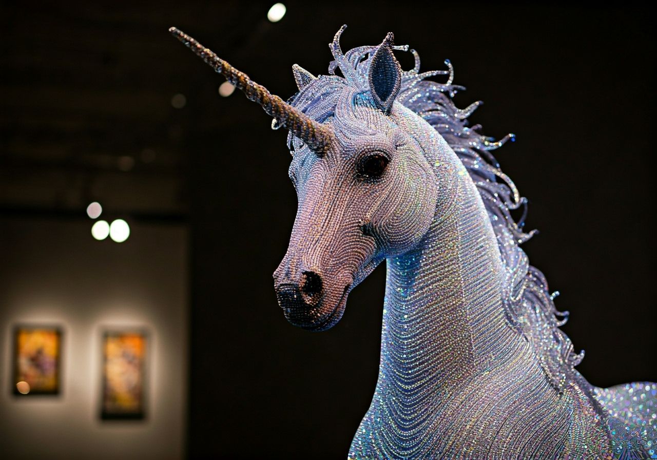 Glass Beaded Unicorn Sculpture in Modern Art Gallery