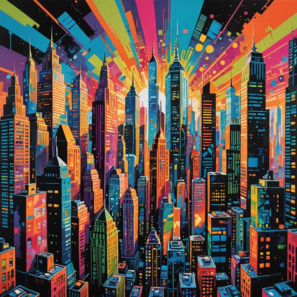 Hypermodern Metropolis Painting with Neon Sky