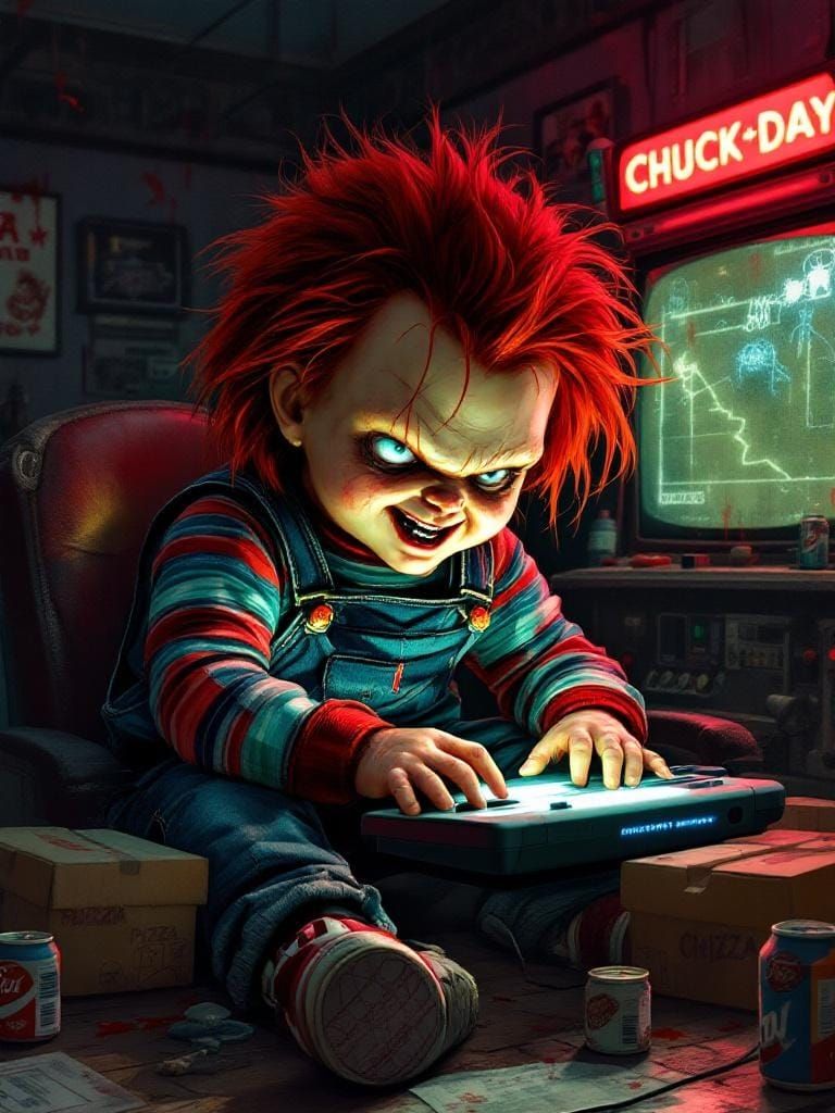 Chucky Plays Video Games in Retro Arcade