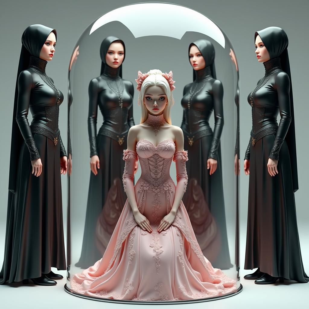 Elegant Figure in Glass Cage, Hyper-Realistic Digital Art