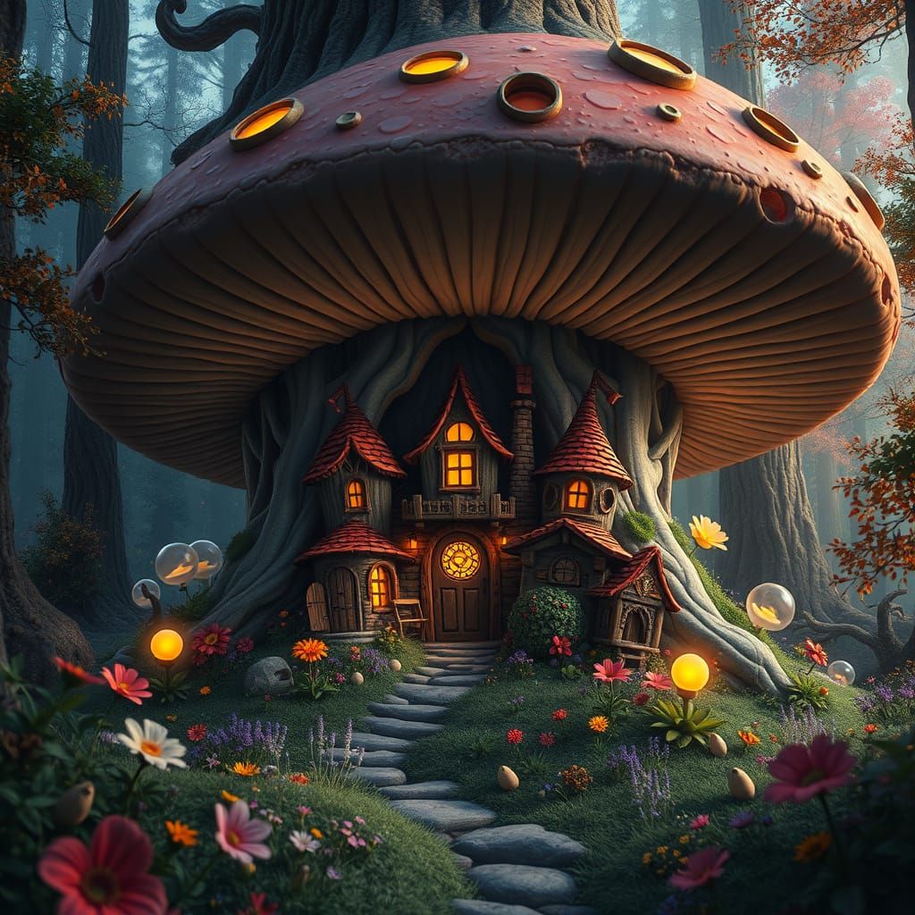 Gnome Village Inside Giant Mushroom in Matte Painting Style