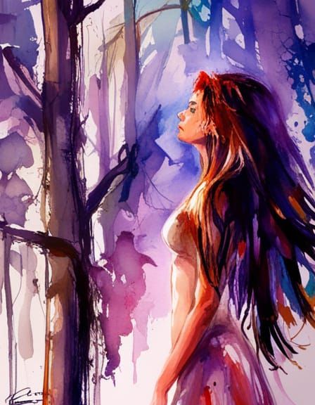 Girl at Mysterious Wood's Edge, Watercolor Style