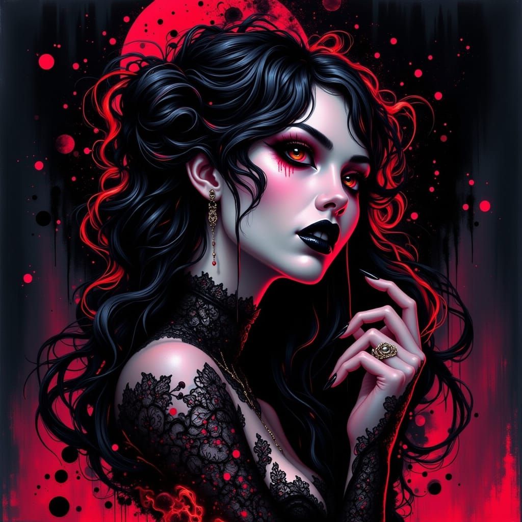Elegant Woman in Crimson Lace Gown, Vibrant Cartoon Style