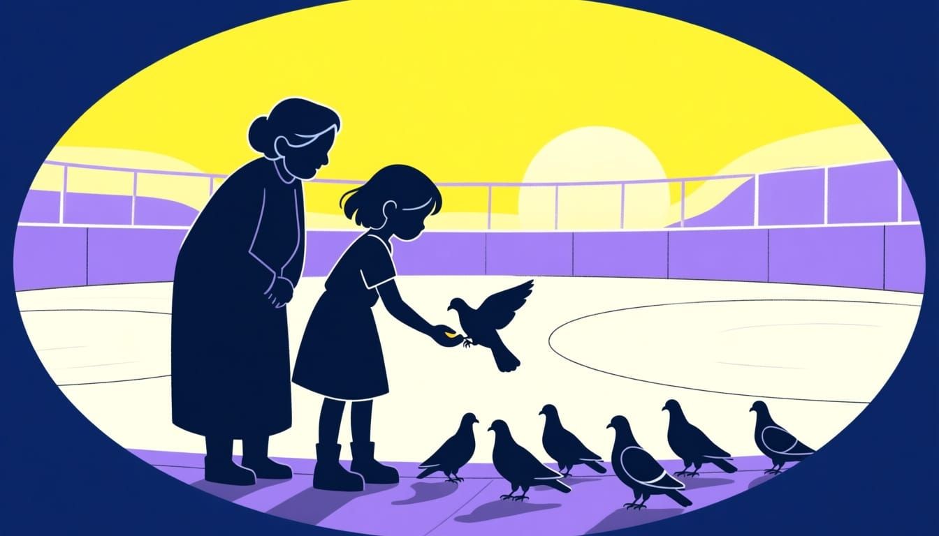 Storyboard Sketch of Girl Feeding Birds at Golden Hour