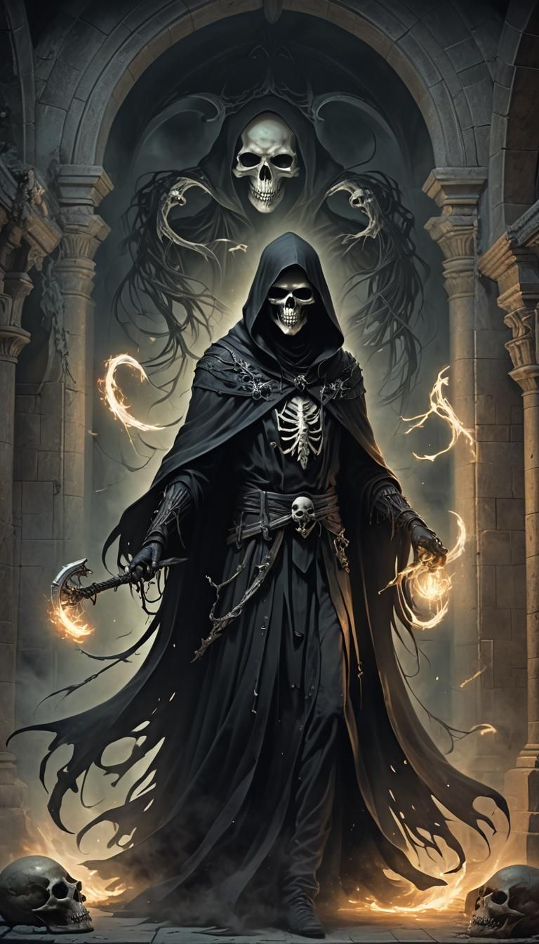Dark Reaper in Crypt: Dark Fantasy Digital Art