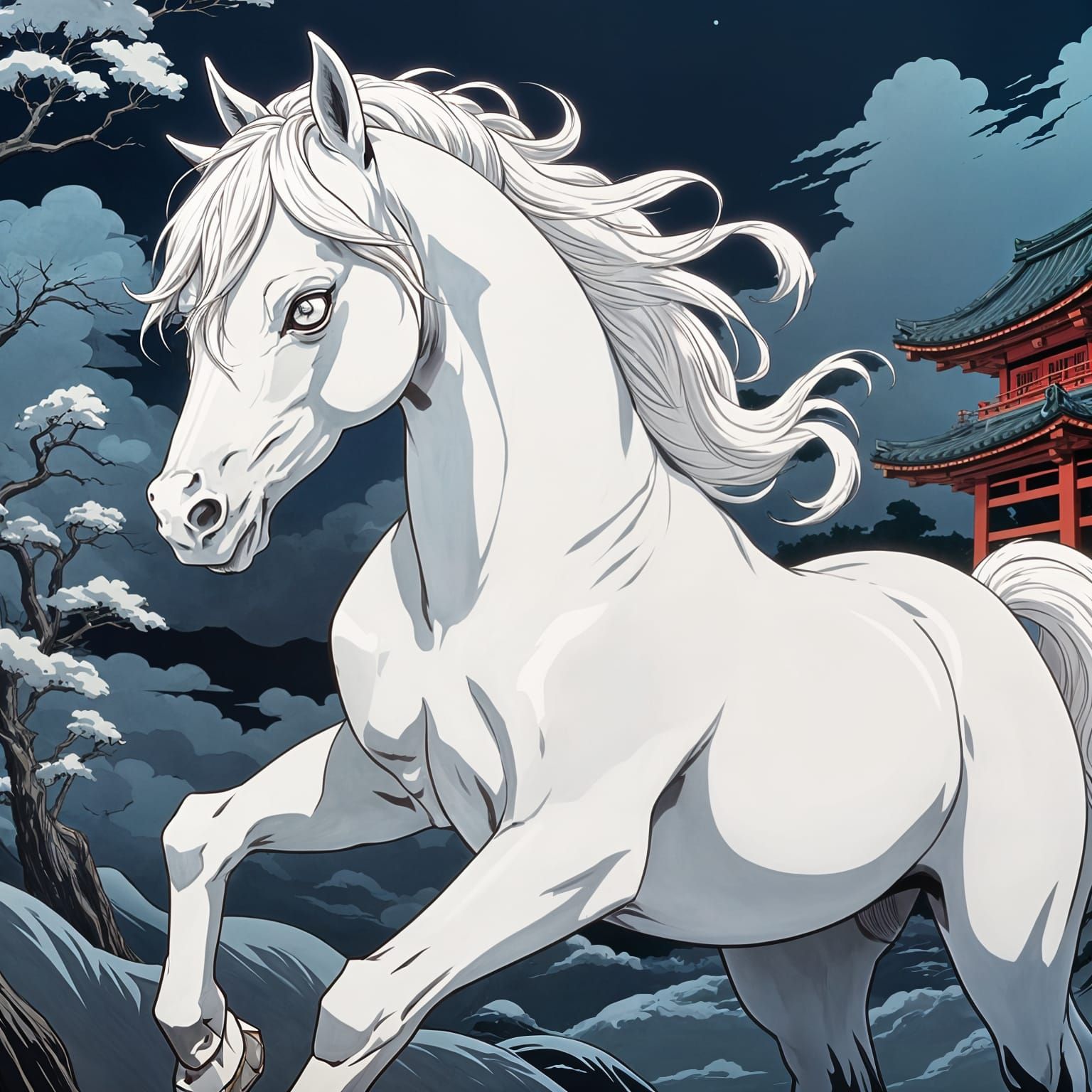 Ukiyo-e Style White Horse Anime Art