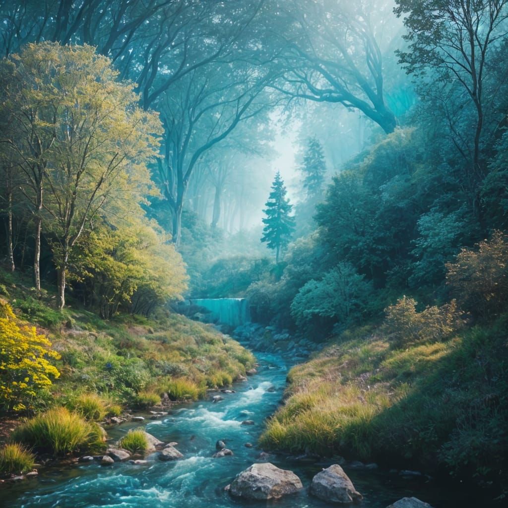 Whimsical Forest Scene with Chocolate River