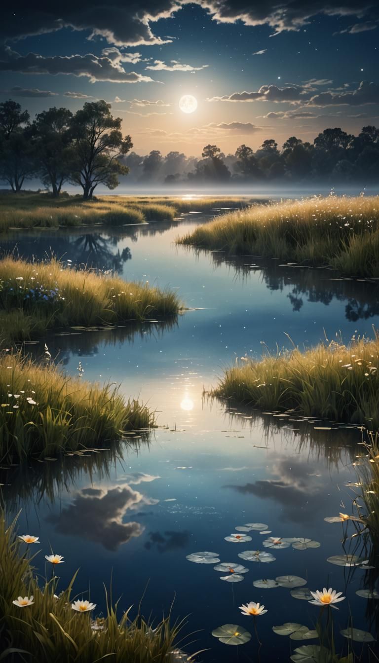 Ethereal Moonlit Lake Fantasy Landscape