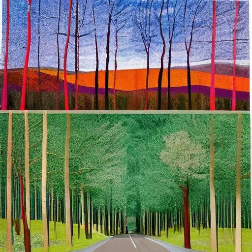 Seasonal Road: A Landscape Collage in Hockney Style