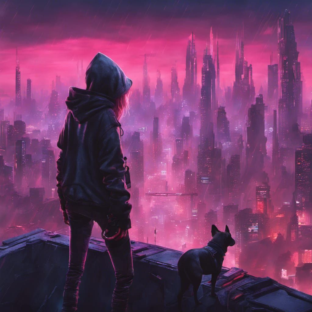 Cyberpunk Girl and Dog Overlooking Neon City Ruins