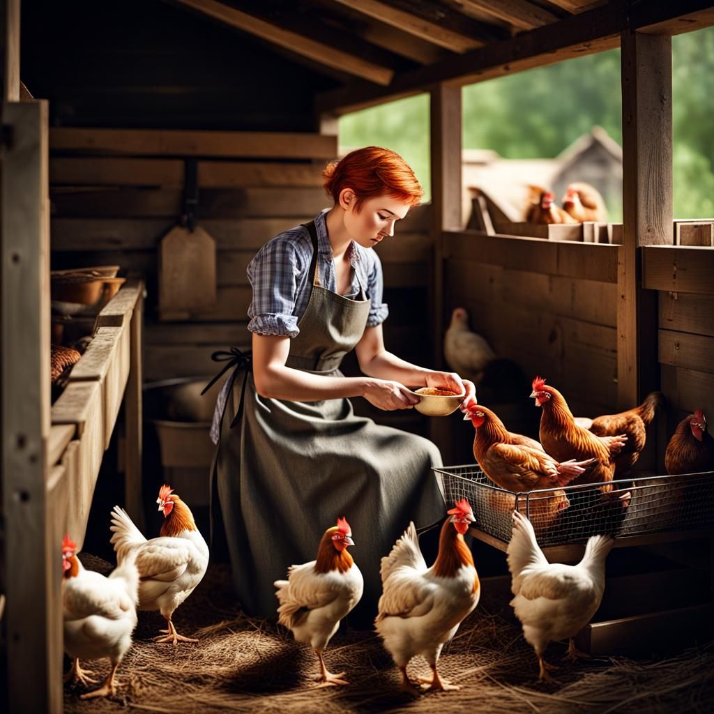 Hyperrealistic Image of Woman Feeding Chickens