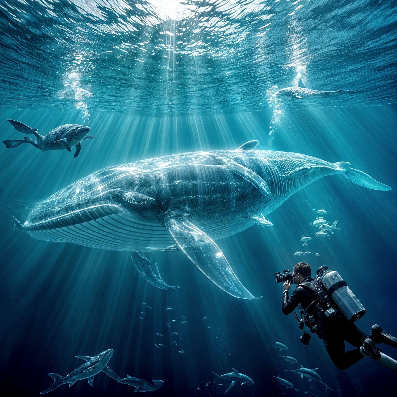 Spectacular Glass Whale in Ocean Depths: 8K 3D Render