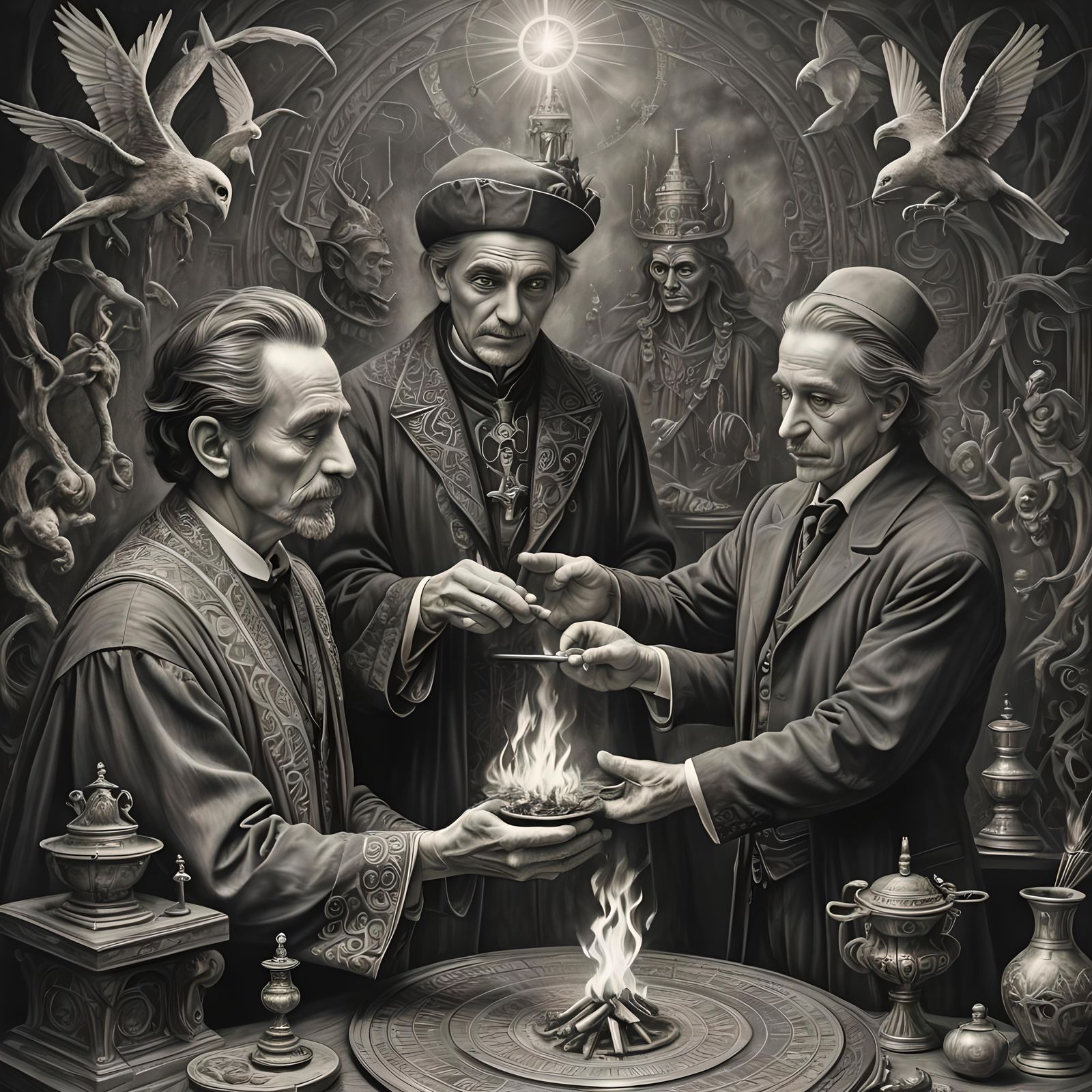 Hyperdetailed Charcoal Drawing: Magician's Reconciliation