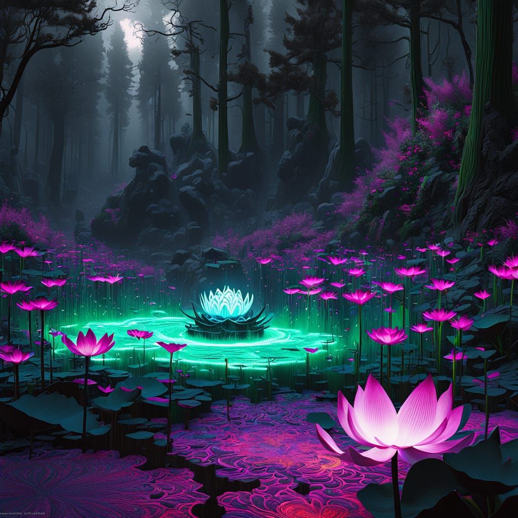 Glowing Lotus in Dark Forest: Digital Matte Painting