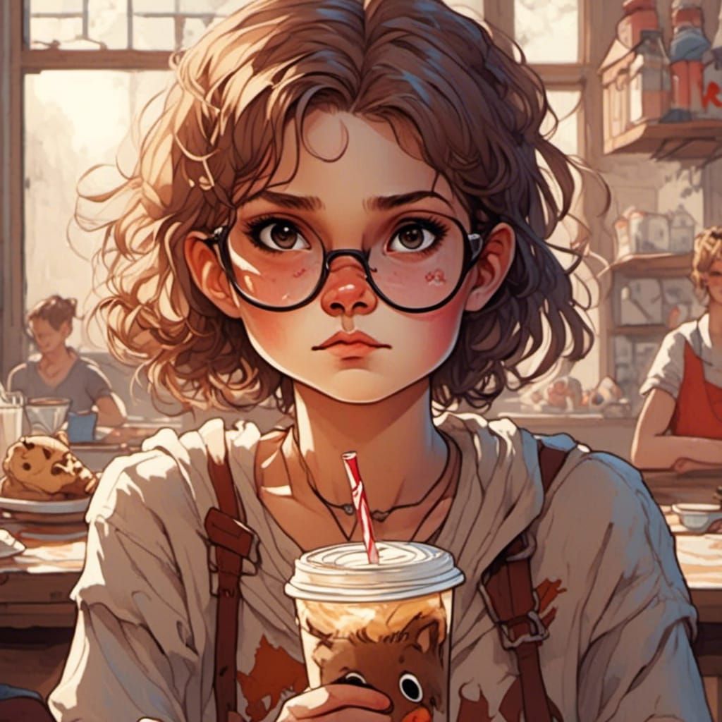 Cute Girl Enjoying Breakfast in Aquarell Style