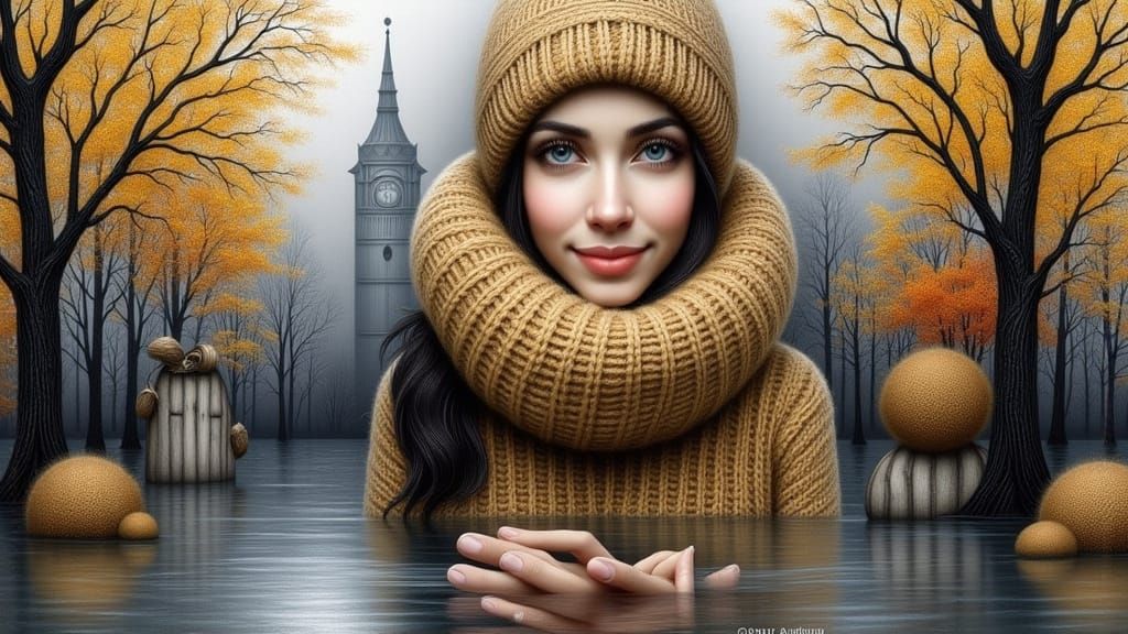 Woman walking in the rain...ai flooded her out.