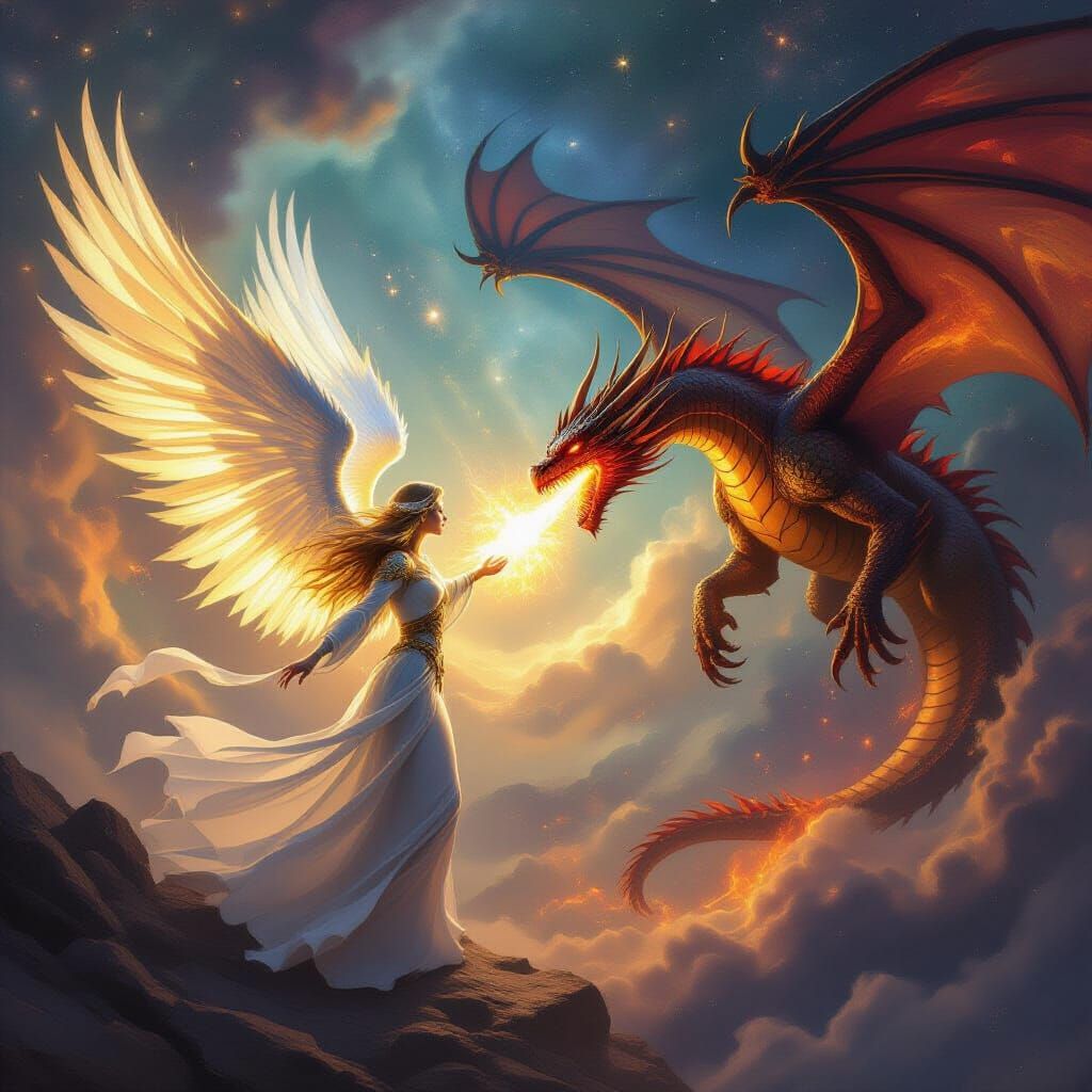 Angel Battles Dragon in Cosmic Digital Painting