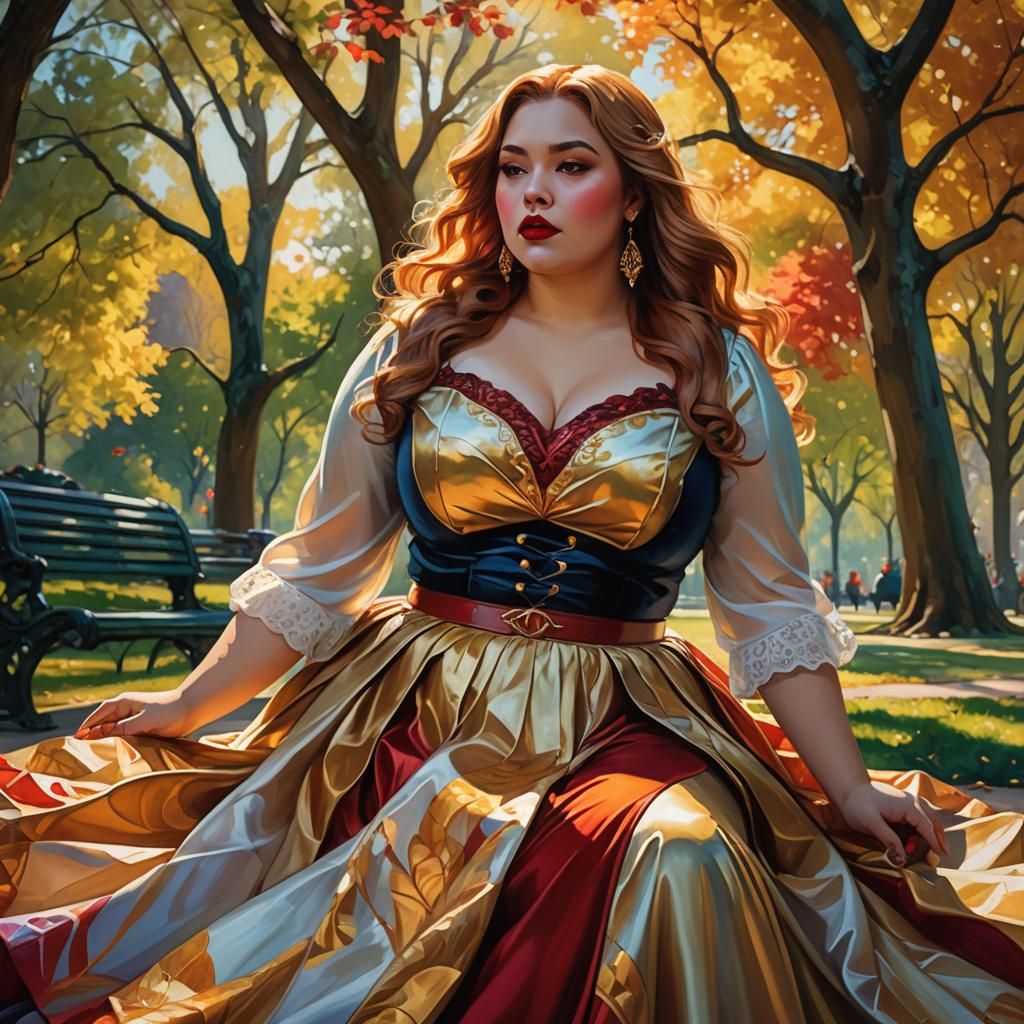 Fantasy Woman in Park: Vibrant Oil Painting